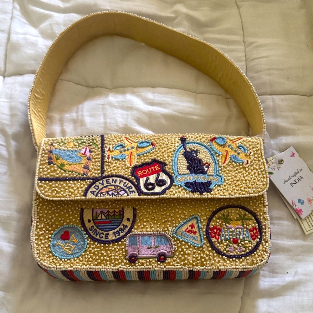 India Boutique Yellow Embroidered Beaded Shoulder Bag